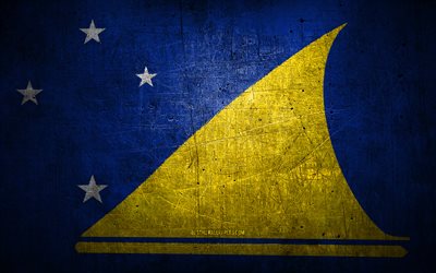 Tokelau metallflagga, grungekonst, oceaniska l&#228;nder, Tokelau-dagen, nationella symboler, Tokelau-flaggan, metallflaggor, Oceanien, Tokelau