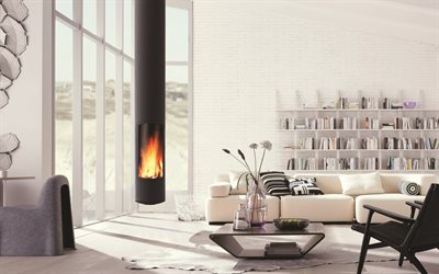 stylish apartment design, living room, hanging metal fireplace, library, living room project, modern interiors