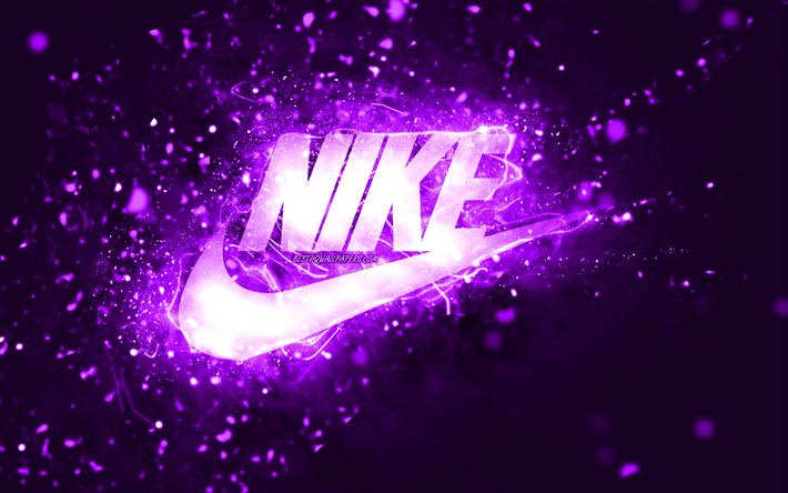Nike menekşe logosu, 4k, menekşe neon ışıkları, yaratıcı, mor soyut arka plan, Nike logosu, moda markaları, Nike