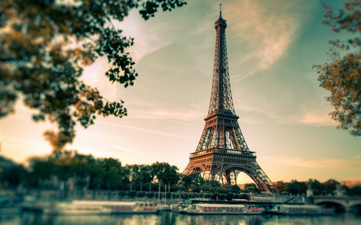 Torre Eiffel, bokeh, ver&#227;o, cidades francesas, paisagens urbanas, Paris, Fran&#231;a, Europa, marcos franceses