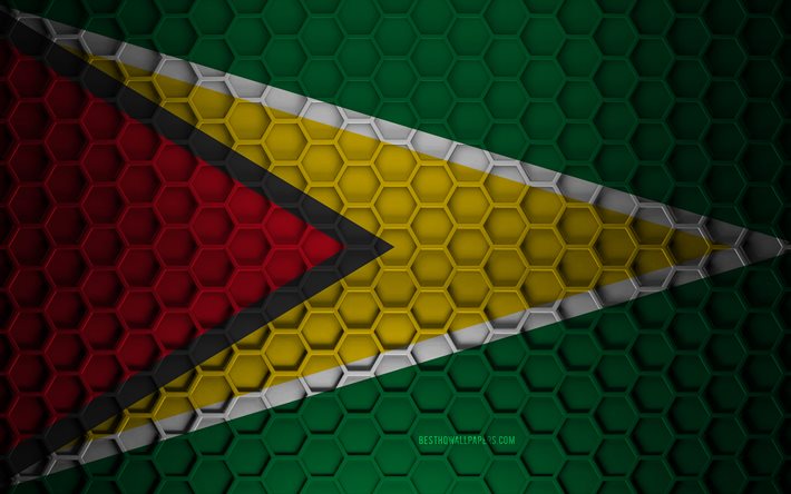 Drapeau de la Guyane, texture des hexagones 3d, Guyane, texture 3d, drapeau de la Guyane 3d, texture m&#233;tallique, drapeau de la Guyane