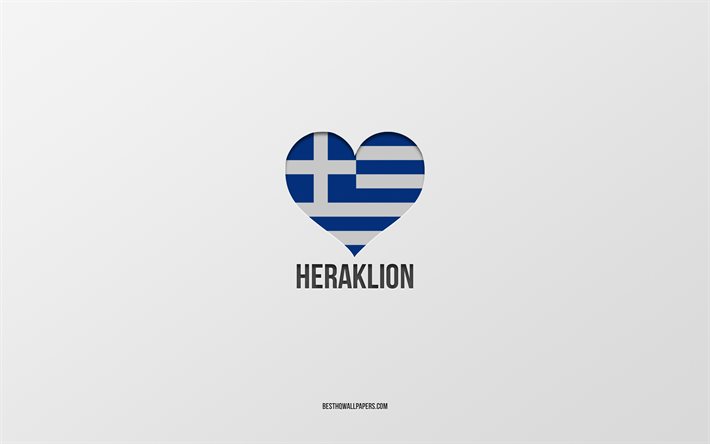 J&#39;aime H&#233;raklion, villes grecques, Jour d&#39;H&#233;raklion, fond gris, H&#233;raklion, Gr&#232;ce, coeur de drapeau grec, villes pr&#233;f&#233;r&#233;es, Amour H&#233;raklion