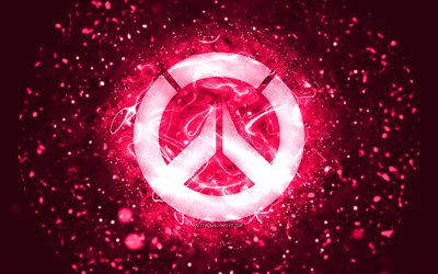 Overwatch-vaaleanpunainen logo, 4k, vaaleanpunaiset neonvalot, luova, vaaleanpunainen abstrakti tausta, Overwatch-logo, online-pelit, Overwatch