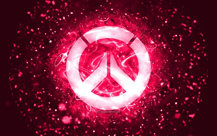 Overwatch logo rosa, 4k, luci al neon rosa, creativo, sfondo astratto rosa, logo Overwatch, giochi online, Overwatch