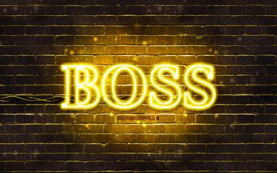 hugo boss gelbes logo, 4k, gelbes brickwall, hugo boss logo, modemarken, hugo boss neon-logo, hugo boss