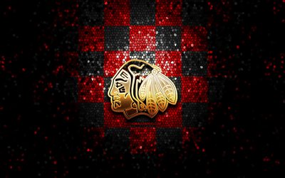 Portland Winterhawks, logo paillet&#233;, WHL, fond quadrill&#233; noir rouge, hockey, &#233;quipe canadienne de hockey, logo Portland Winterhawks, art de la mosa&#239;que, ligue canadienne de hockey