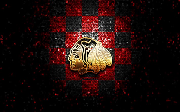 Portland Winterhawks, logo glitterato, WHL, sfondo a scacchi nero rosso, hockey, squadra di hockey canadese, logo Portland Winterhawks, arte del mosaico, campionato canadese di hockey