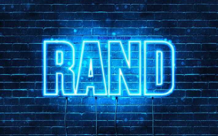 Rand, 4k, fonds d&#39;&#233;cran avec des noms, nom Rand, n&#233;ons bleus, joyeux anniversaire Rand, noms masculins arabes populaires, photo avec nom Rand