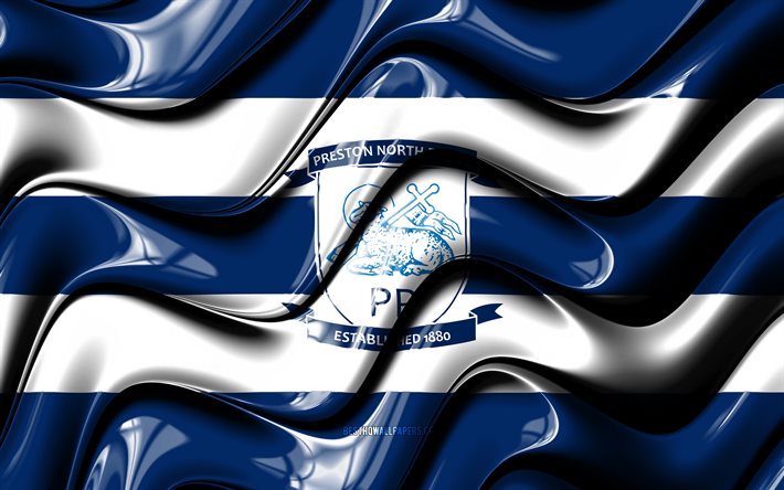 プレストン・ノースエンドの旗, 4k, 青と白の3D波, EFLチャンピオンシップ, 英語のサッカークラブ, フットボール。, プレストン・ノースエンドのロゴ, サッカー, プレストンノースエンドFC