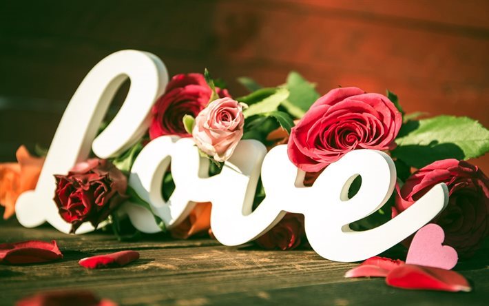 fleurs, coeur, mot, l&#39;amour, valentine, la typographie