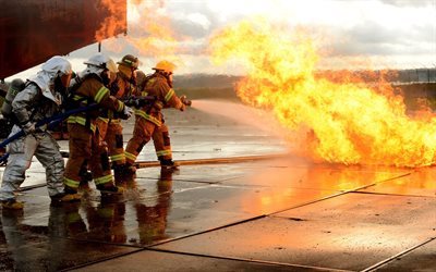 workers, men, firefight, fire, drill, costume