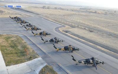 t129, airfield, tai, helikoptrar, med, helikopter, turkiska flygvapnet, milit&#228;ra flygplan