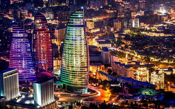 aserbaidschan, lichter, hauptstadt, megapolis, wolkenkratzer, baku, stadt, panorama