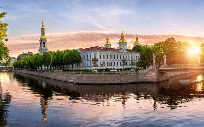 sun, bridge, saint petersburg, russia, temples, channel, st nicholas cathedral, stpeter castle, city