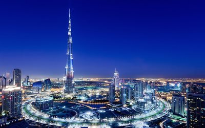 rascacielos, dubai, burj khalifa, la noche, luces