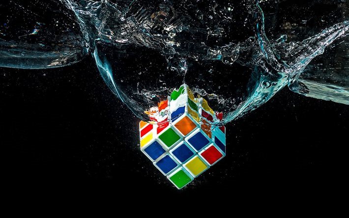 digital art, water, cube
