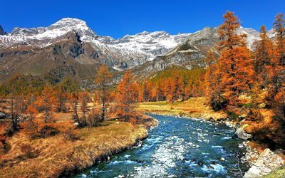 river, landscape, trees, forest, snow, nature, mountains