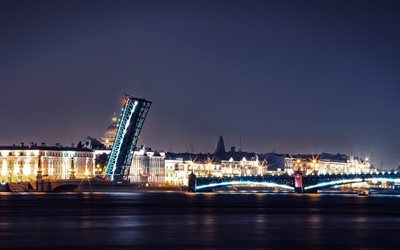 أضواء, سانت بطرسبرغ, المدينة, ليلة, كورنيش, الجسر, روسيا