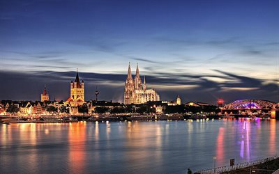 cologne, architecture, night, city, backlight, germany, metropolis