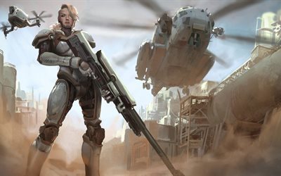 fantasy art, weapons, girl, futuristic, fiction, helicopter