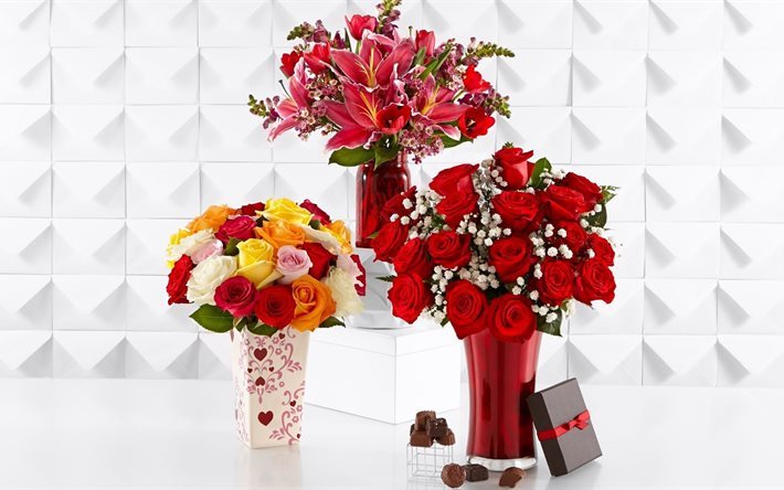 lilies, chocolate, romance, gift, roses, tulips, chocolates, flowers, romantic, uhd