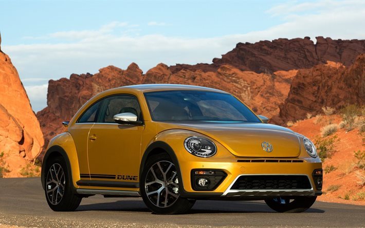 volkswagen, beetle, coupe, 2016, dune, yellow, vehicle