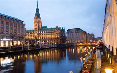 hamburgo, europa, noite, rio cidade, constru&#231;&#227;o, luzes, canal, alemanha