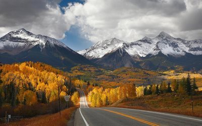 forest, snow, photography, snowy peak, road, landscape, mountains, fall