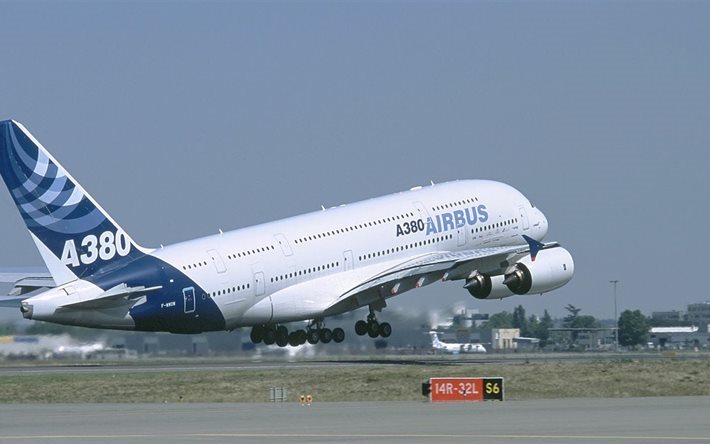 空港, エアバス社, a380, 上昇, 民間航空