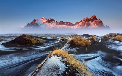ハンレイ岩, 山, 霧, 山々, 風景, vestrahorn, 雪, 溶岩, 自然, アイスランド, 草