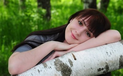 birch, forest, face, smile, girl, nature