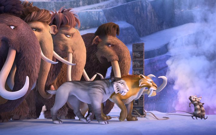 eine kollision bevorsteht, mammut, ice age, tiger, cartoon, kollisionskurs, 2016, buck, gretie