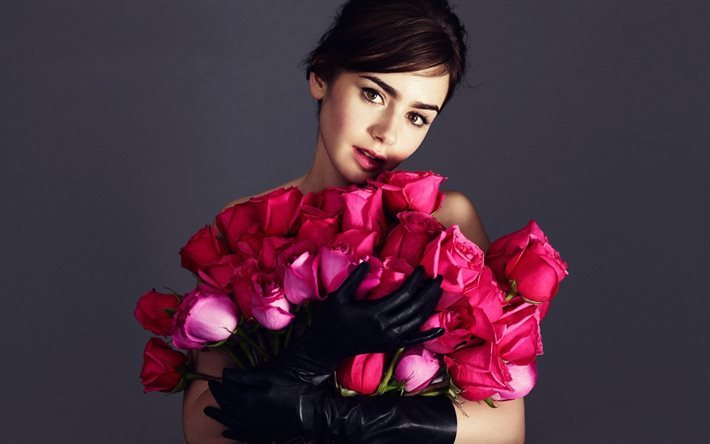 lily collins, bouquet, schauspielerin, handschuhe, modell, promi