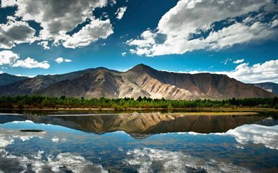 雲, チベット, 反射, 山々, 湖, 自然
