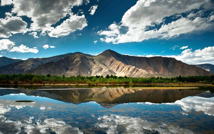 wolken, tibet, reflexion, berge, see, natur