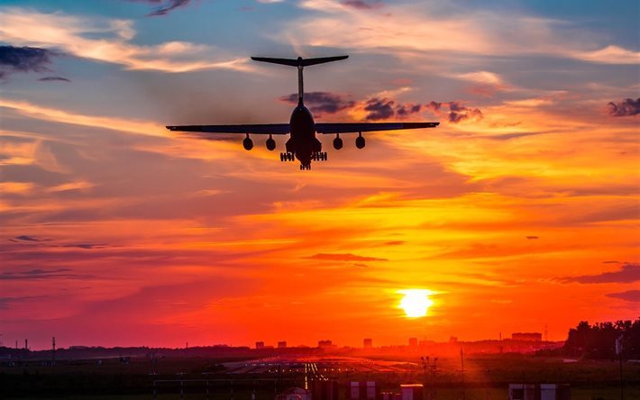 sunset, il-76, landing, aircraft, airport, il 76