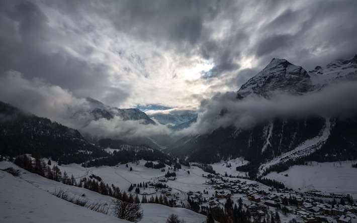 mountains, nature, slope, landscape, snow, clouds, mountain