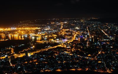 natt, lampor, staden, panorama