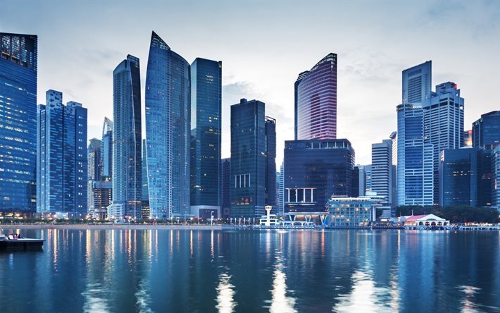 ciudad, skyline, singapur, edificio, rascacielos