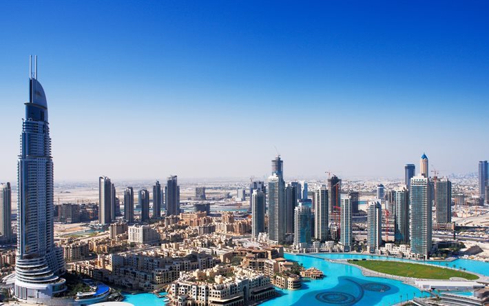 panorama, emirati arabi uniti, dubai, skyline, megapolis, architettura, grattacieli