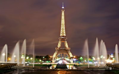 eiffel tower, city, lights, fountains, paris, night