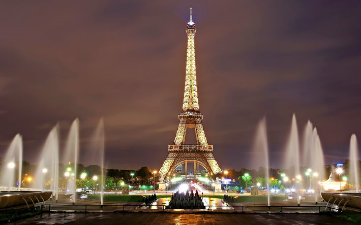 eyfel kulesi, şehir, ışıklar, &#231;eşmeler, paris, gece