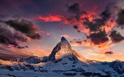 dağlar, matterhorn, &#252;st, alpler, kar