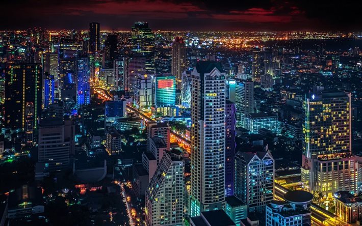 krungthep, night, lights, bangkok, skyscrapers, megapolis, capital, thailand