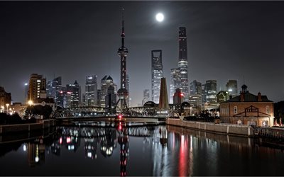 skyscrapers, night, lights, city, china, shanghai, water