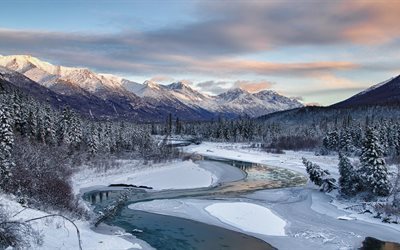 fiume, paesaggio, neve, alberi, inverno, montagna, montagne, foresta, alberi di pino, gelo, alaska