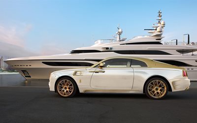 rolls royce, white, coupe, wraith, 2016, tuning, mansory, yacht