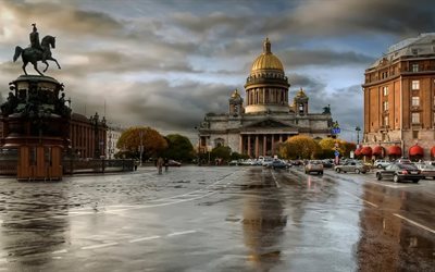 city, monument, cathedral, saint petersburg, area, rain, russia