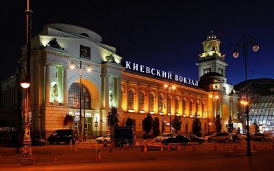 train station, building, station, parking, lights, city, kiev railway station, urban, street light, night, moscow