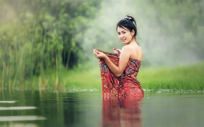 asiatiska tjejer, kl&#228;nning, river, vatten, asiatiska, brunett